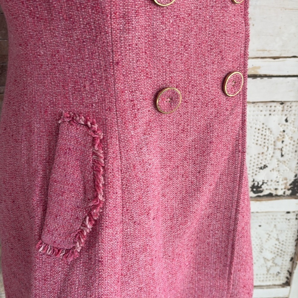 Cabi Madison Avenue pink tweed double breasted coat fringe hem gold hardware - Picture 8 of 16